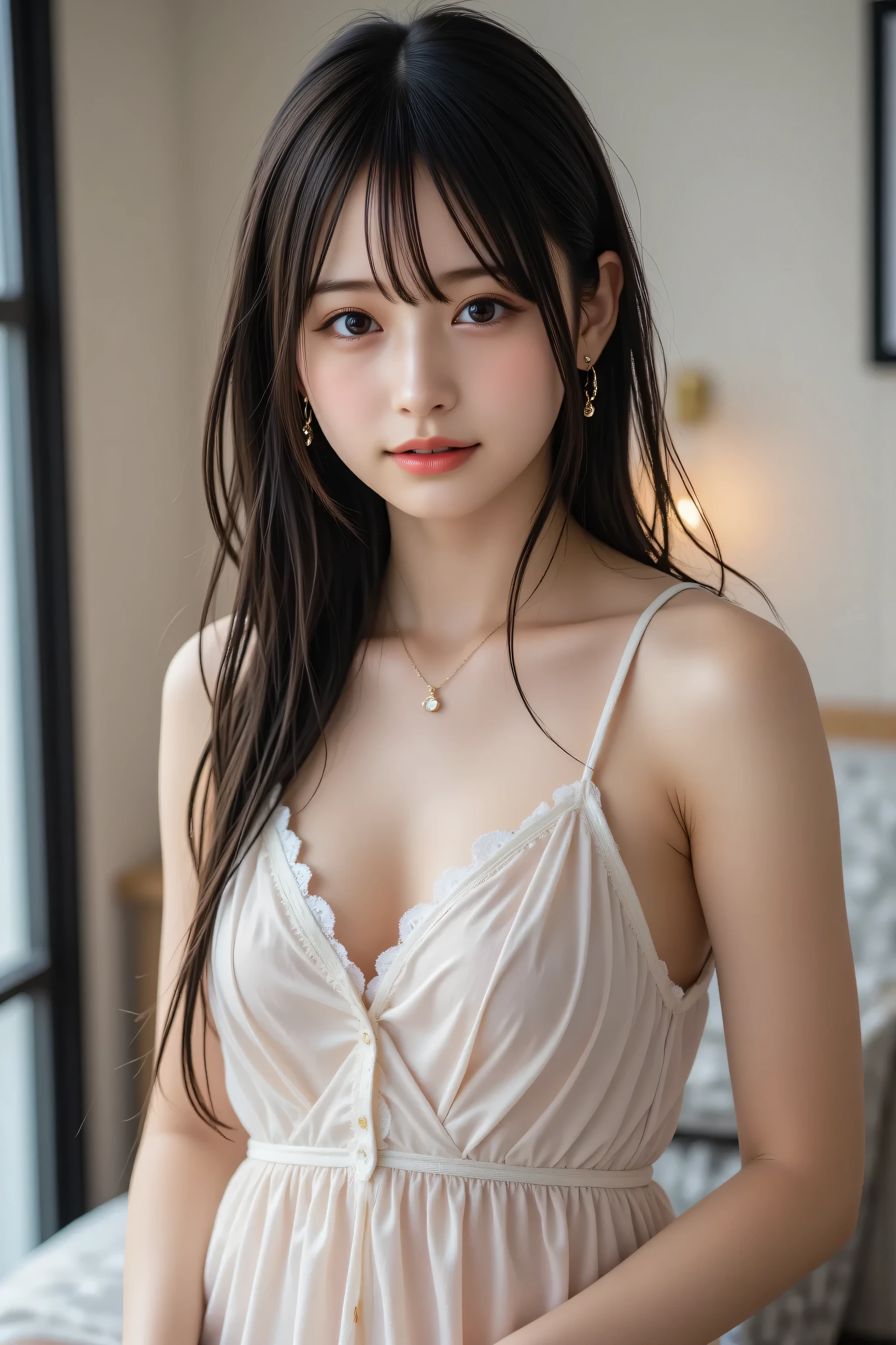  alone, natural body shape,  white skin, natural cosmetics , ,  1girl , breasts, Alone, brown hair, see-through, realistic, brown eyes, looking at viewer, long hair, upper body, medium breasts, nipples, collarbone, parted lips, covered nipples, cleavage, lips, indoors, nose, blurry, nightgown, blurry background, ((cowboy shot, panties)), pussy slit, thighs, thick pubic hair