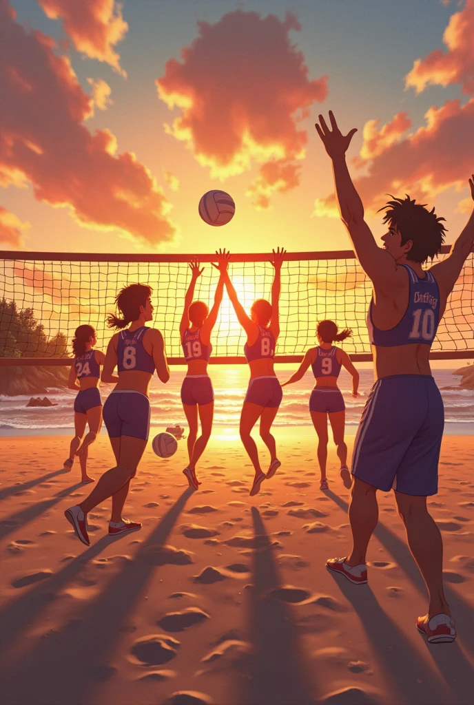 (Beach Volleyball player), winning volleyball players are jumping and celebrating on the beach, their faces filled with joy and excitement of victory. The background is a brilliant sunset and a golden beach, showcasing their celebratory actions and scenery, full body, (Photography), panoramic view, award-winning, cinematic still, emotional, vignette, dynamic, vivid, (masterpiece, best quality, Professional, perfect composition, very aesthetic, absurdres, ultra-detailed, intricate details:1.3)