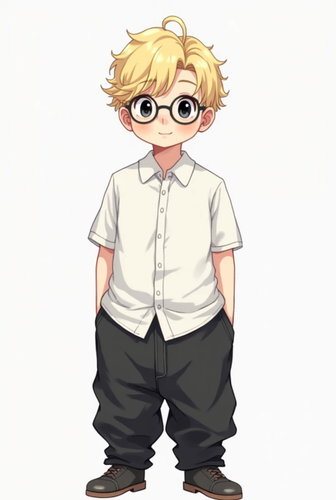 Young blond boy with very big 3D glasses, with freckles and short hair wearing a black t-shirt that has an alien and brown shorts in an anime style