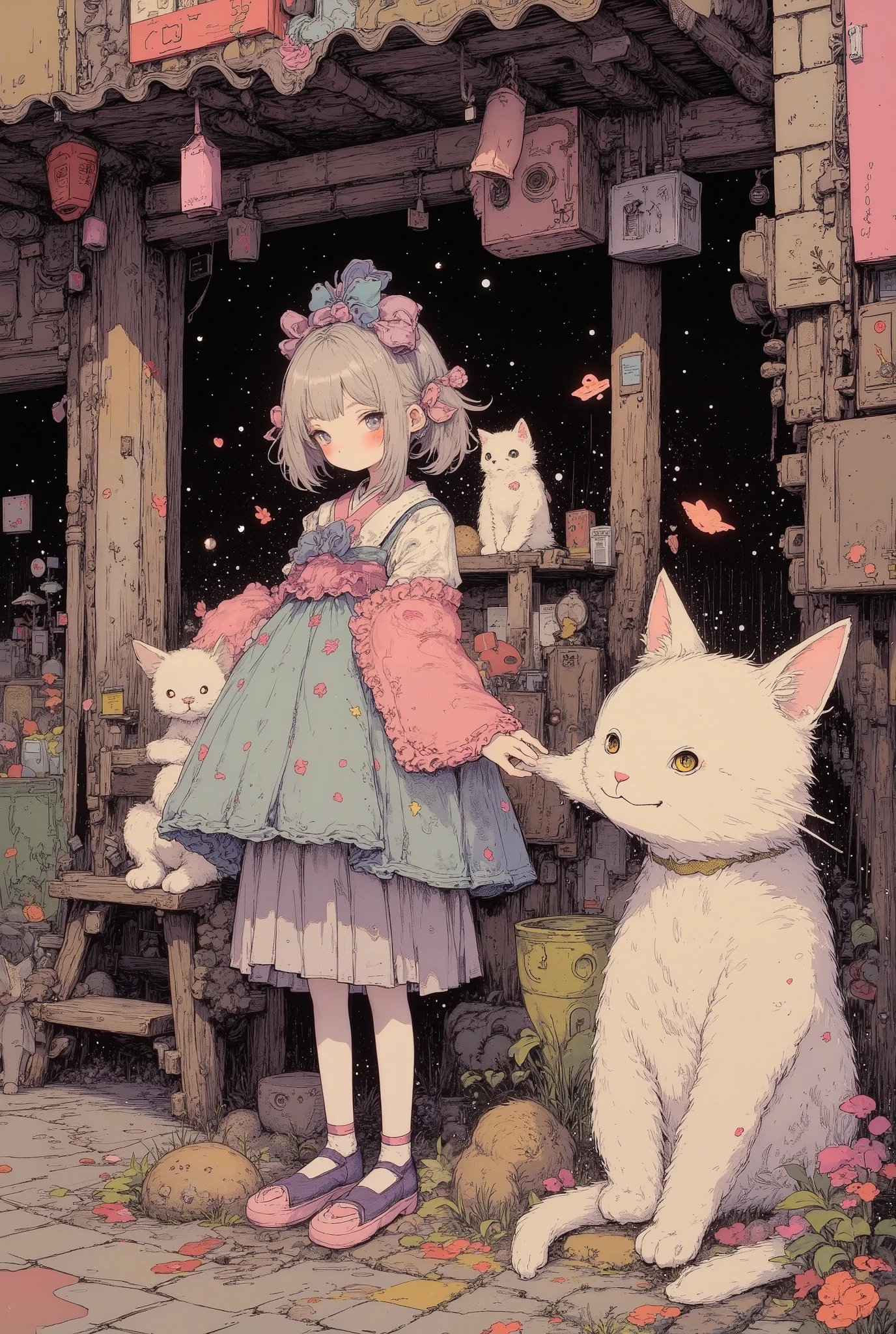 (high definition, masterpiece, accurate, top quality, high definition model, high detail, (((soft texture))), ((matte, toy-like handmade luxury)), (((Tim Burton style))), ((girl playing with cat on street)), top quality, (fine detail:1. 1)), beautiful to the last detail, beautiful hair, pupil detail, solo, 1girl, Japanese, blush, 5 fingers, ((pupil detail)), backlight, ((5 fingers)), big tits, (((high angle))),