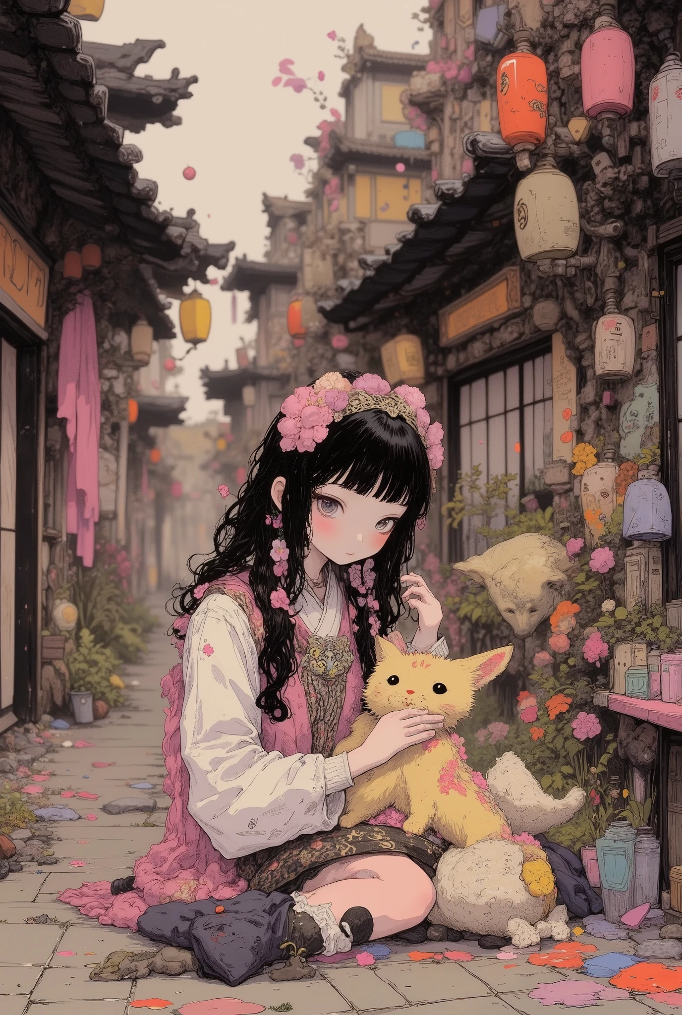 (high definition, masterpiece, accurate, top quality, high definition model, high detail, (((soft texture))), ((matte, toy-like handmade luxury)), (((Tim Burton style))), ((girl playing with cat on street)), top quality, (fine detail:1. 1)), beautiful to the last detail, beautiful hair, pupil detail, solo, 1girl, Japanese, blush, 5 fingers, ((pupil detail)), backlight, ((5 fingers)), big tits, (((high angle))), 