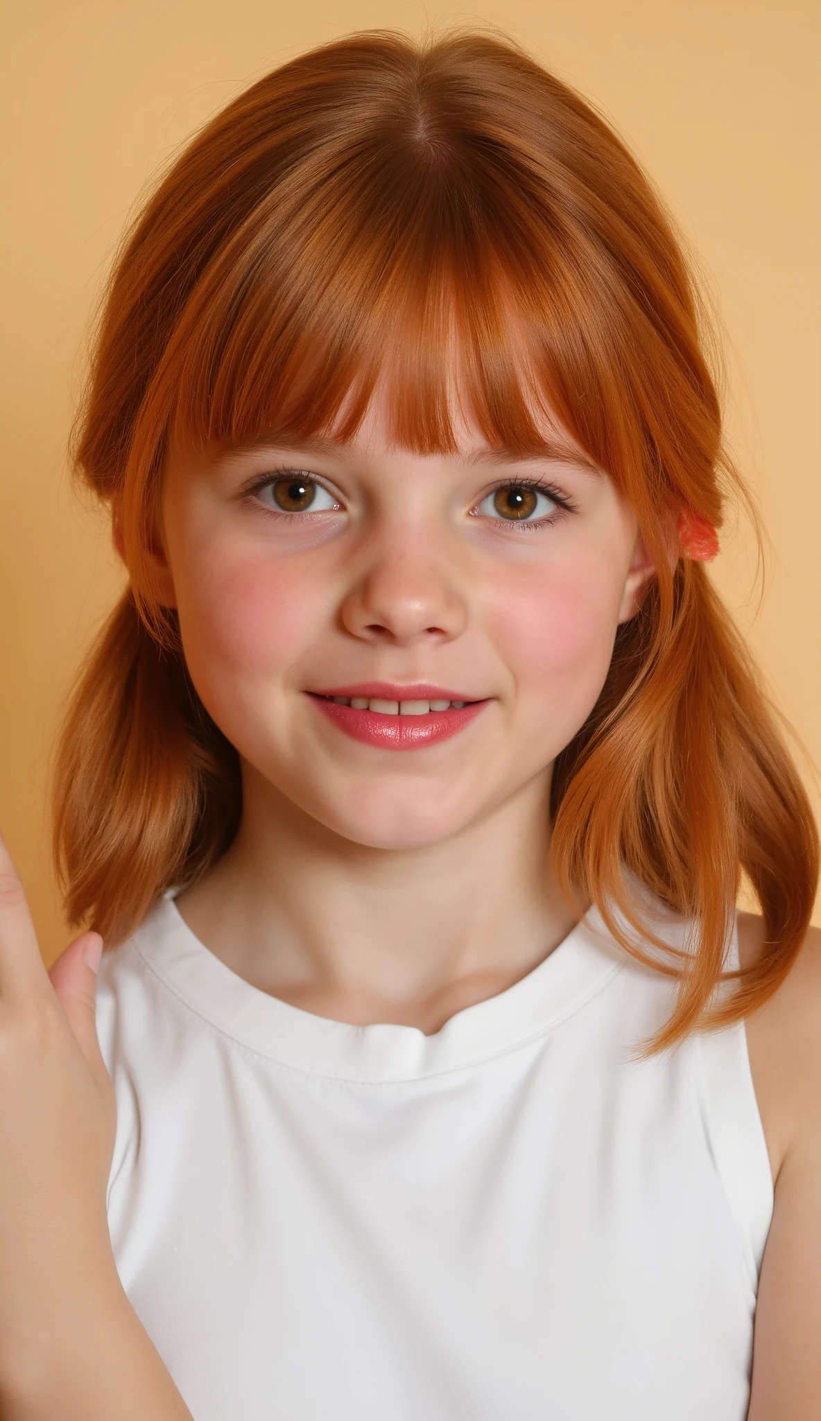 small height young girl, long red hair with bangs, small, short, 4"5" tall, blush on face, red rosy cheeks , hair, excitation, Face looking directly at the camera, full face