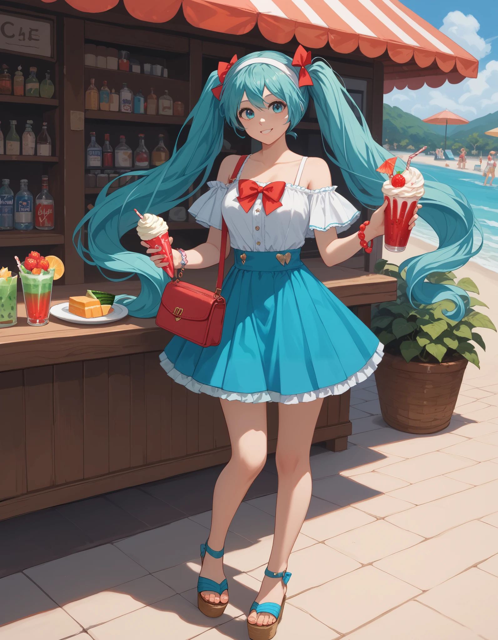 Hatsune Miku, A detailed anime-style illustration of a cheerful girl with long, flowing turquoise twin-tails, dressed in a summer-inspired outfit. She wears a ruffled off-shoulder white top with suspenders, a short wavy blue skirt, and stylish blue wedge sandals with ribbon details. Her accessories include a small red purse, a bracelet with red beads, and a white headband with a tiny red bow. She holds a silver tray with a green melon soda topped with ice cream and a straw, giving off a lively and friendly vibe. The background is a soft, beachside café setting with a warm summer glow