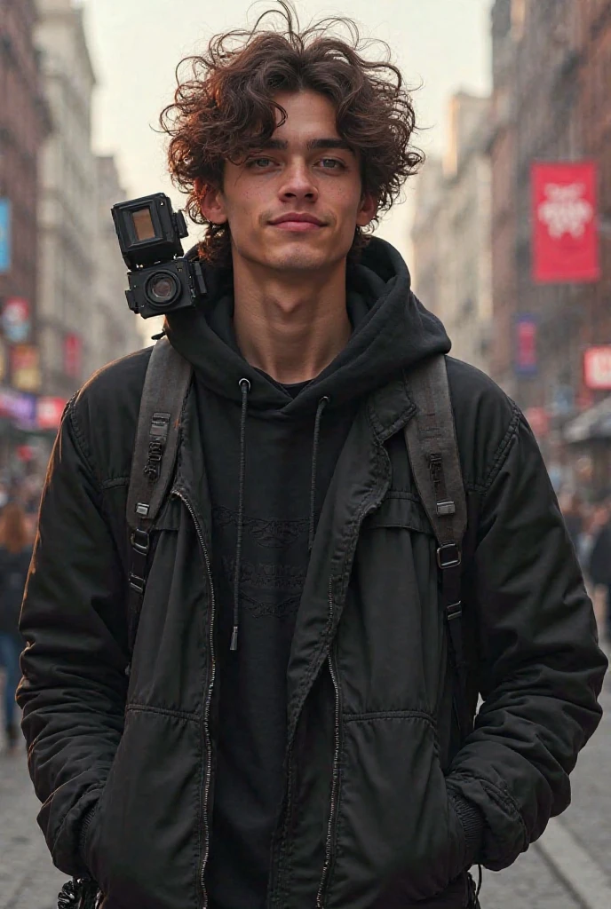 Brown guy, curly hair, with black clothes name "Keveen" behind his clothes, il est un videaste filmer spider-man