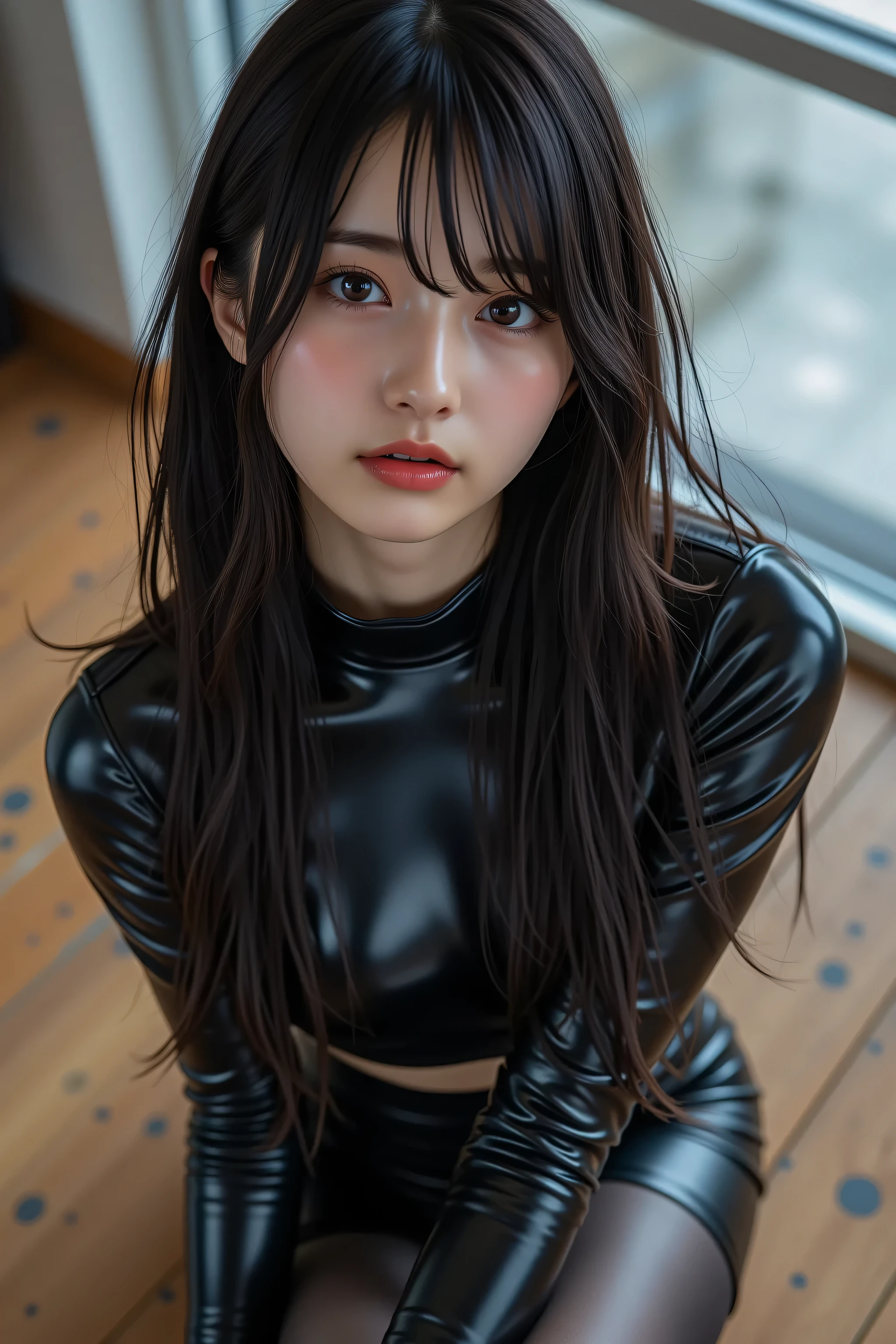 high quality , This photo shows、 showing a Japanese woman with long hair 。, black straight hair , beautiful Japanese girl, tight , thin black shiny pantyhose , black latex bodysuit, I'm going to take my butt off while showing the crop type of . Like , crossing her ankles . The floor is wooden, high collar and long sleeves, slightly worn out , Adding texture . The woman's expression is expressionless , looks like a studio , Soft , diffuse lighting ,detail face, light makeup that breaks,