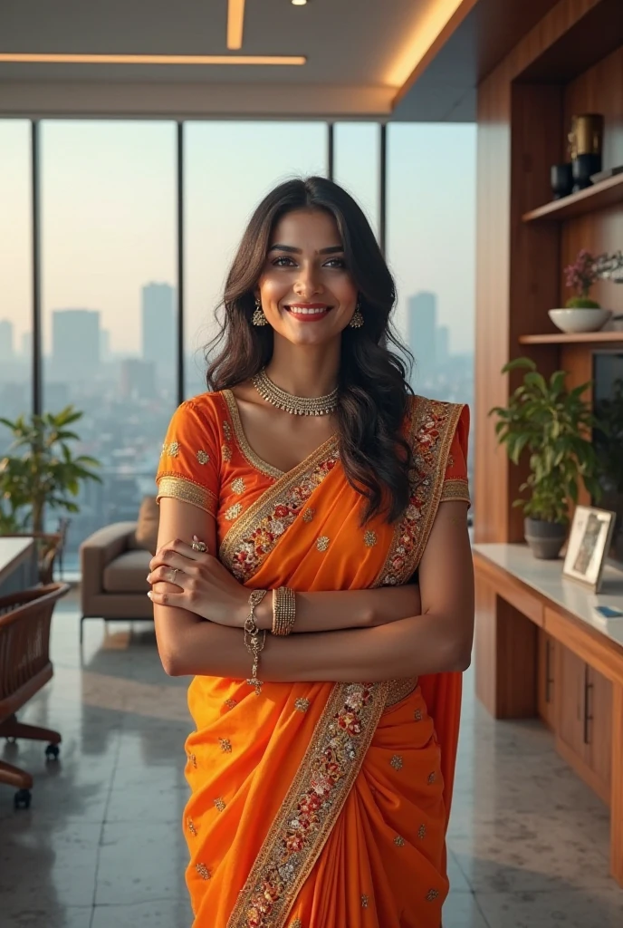 ((best quality)), ((masterpiece)), (detailed), A digital illustration of a young Indian woman with a bindi smiling standing in an office setting