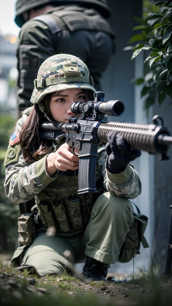 holding a rifle and radio staring at the audience,jungle、mechanized Soldier Girl, Future Battle Gear , Realistic Soldier , Cinematic — ar 16 :9, Keep PDW, wearing tactical armor, Heavily armed, ry Girl, Camouflage Gear , Airsoft Gun CQB, Realistic Military Gear , Soldier Girl, military girl , Beautiful female soldier
