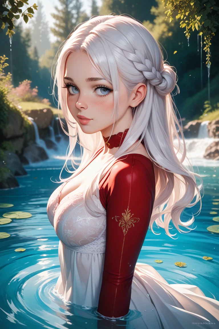 Photo realistic, 1girl,solo,((beautiful detailed eyes)), (detailed light),depth of field,(white hair),silver eyes,hair over one eye,(red flower ), hair flower,long hair, Renaissance dress with corset,wet,emotionless,looking back,night,starfall,raining,fog,red flowers falling,sketch,upper body,intense shadows,