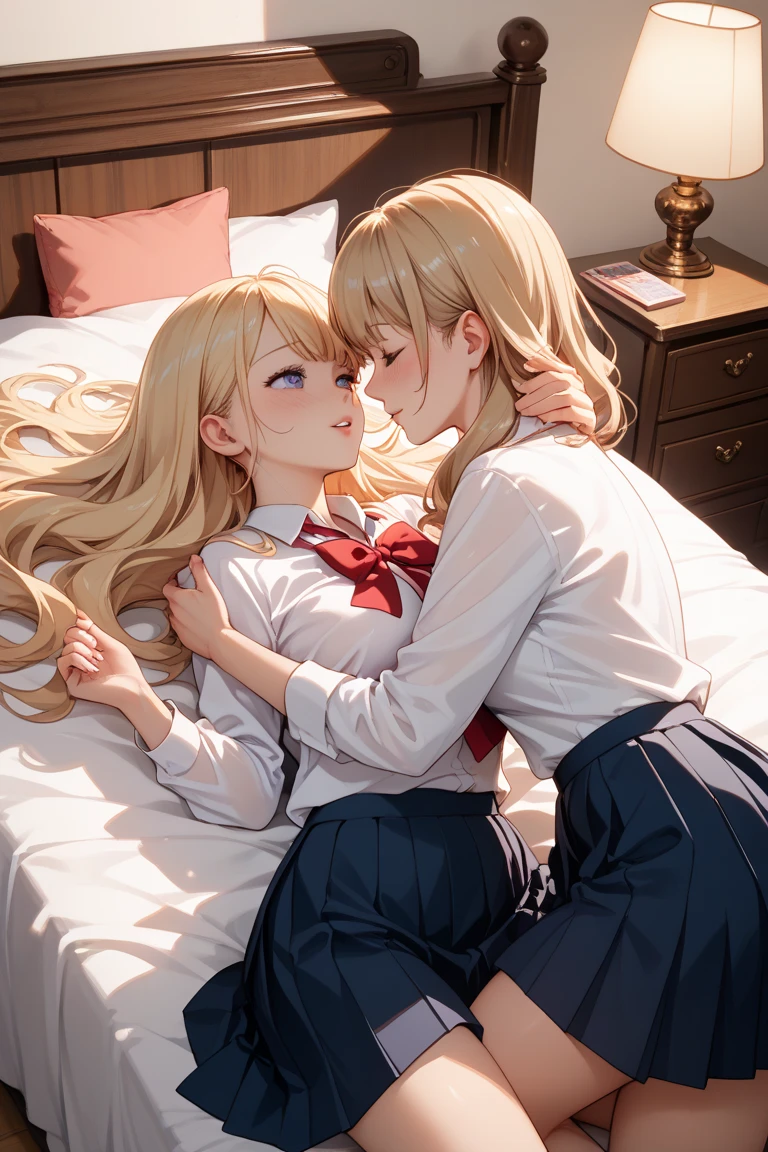 High precision,Works of masters,Loli,whaite hair,SideBraid,Golden eyes,white dresses,The two embraced each other,Bury your head in your arms,kisses,modern,White striped knee-length socks,Natural soft light,Dingdall effect