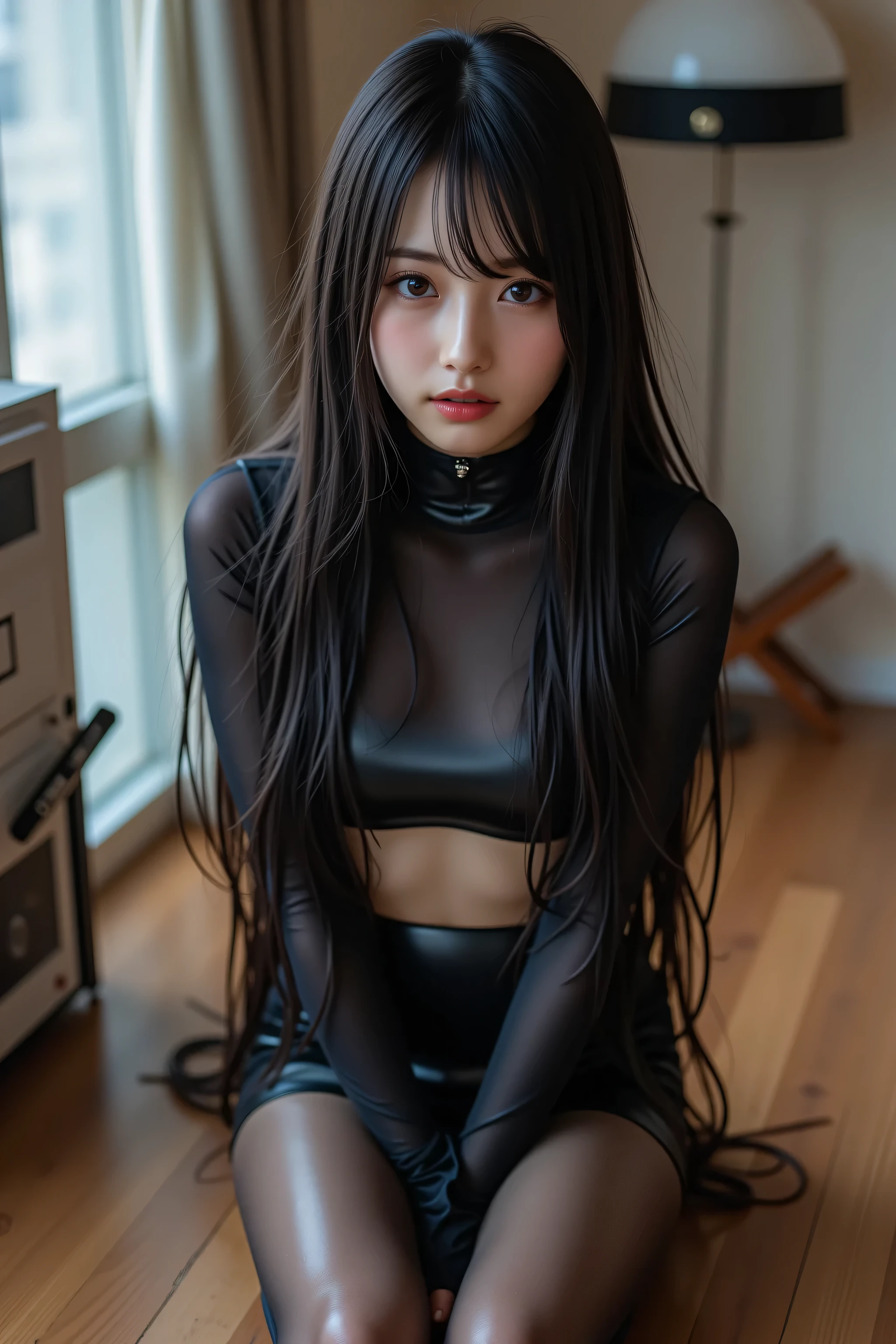 high quality , This photo shows、 showing a Japanese woman with long hair 。, black straight hair , beautiful Japanese girl, tight , thin black shiny pantyhose , black latex bodysuit, I'm going to take my butt off while showing the crop type of . Like , crossing her ankles . The floor is wooden, high collar and long sleeves, slightly worn out , Adding texture . The woman's expression is expressionless , looks like a studio , Soft , diffuse lighting ,detail face, light makeup that breaks,