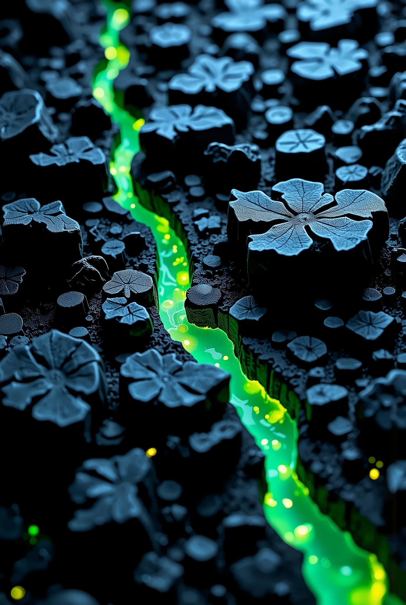 A dark, necrotic background with fractured bone-like shards, glowing green fissures, and translucent runes flickering like dying embers. Slimy fungal textures creep across obsidian-black surfaces, evoking a realm where magic rots