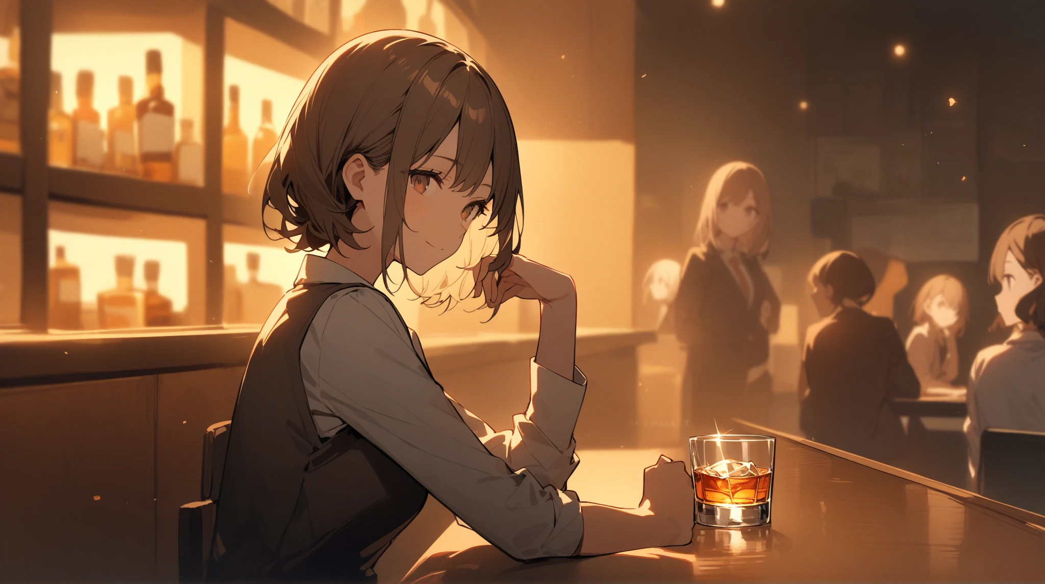 Italian girl with short brown hair, angular chin, sitting at a bar table