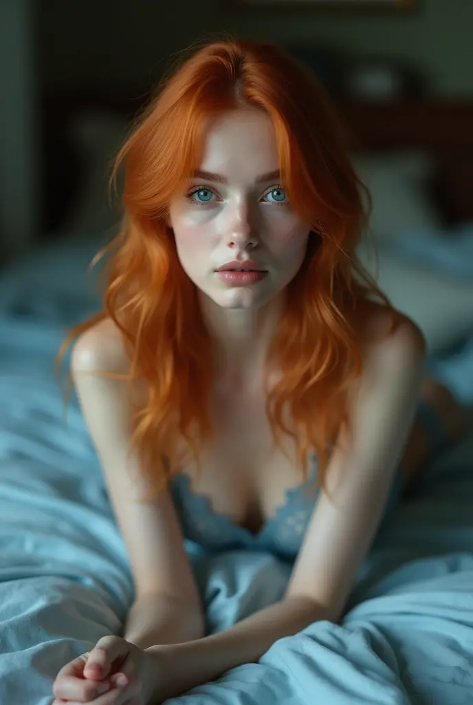 Very gorgeous akinny pale white russian girl with light blue deep and intense eyes with straight strong ginger hair with light blue lingerie in bed with full body exposed


