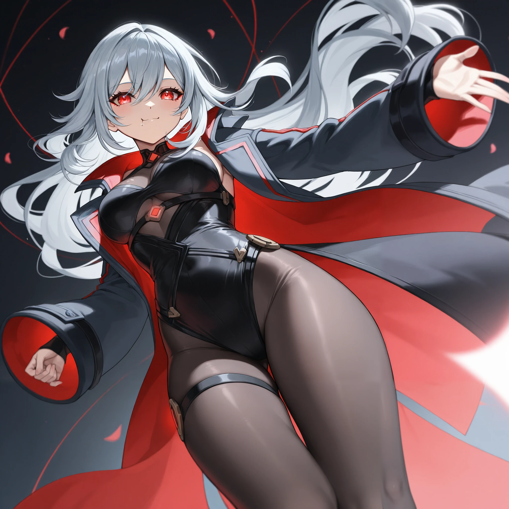 masterpiece, best quality, 1 female, adult, tall, big bust, finely detailed eyes, intricate details, vampire, yellow eyes, ((dark grey hair)), long hair, ((low ponytail)), red shirt, brown coat, intense look