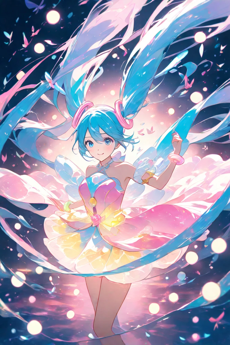 (masterpiece、highest quality、highest quality、Official Art、Beautiful and beautiful:1.2)、(One girl:1.3)Hatsune Miku、Twin tails,Big Breasts,beautiful girl, White ball gown, Vibrant pastel colors, (colorful), long flowing liquid pink hair, Magic lights, sparkling Magic liquid, inspired Glen Keane, inspired By Lois Van Baarle, Disney Art Style, By Lois Van Baarle, An aura that glows around her, Glen Keane, Just a joke, Glowing Light! Digital Painting, Flowing, shiny hair, Shiny, flowing hair, Beautiful digital illustrations, Fantasia Background, Whimsical, Magic, Fantasy, ((masterpiece, highest quality)), Intricate details, Very detailed, Sharp focus, 8k resolution, Sparkling Eyes, Liquid watercolor