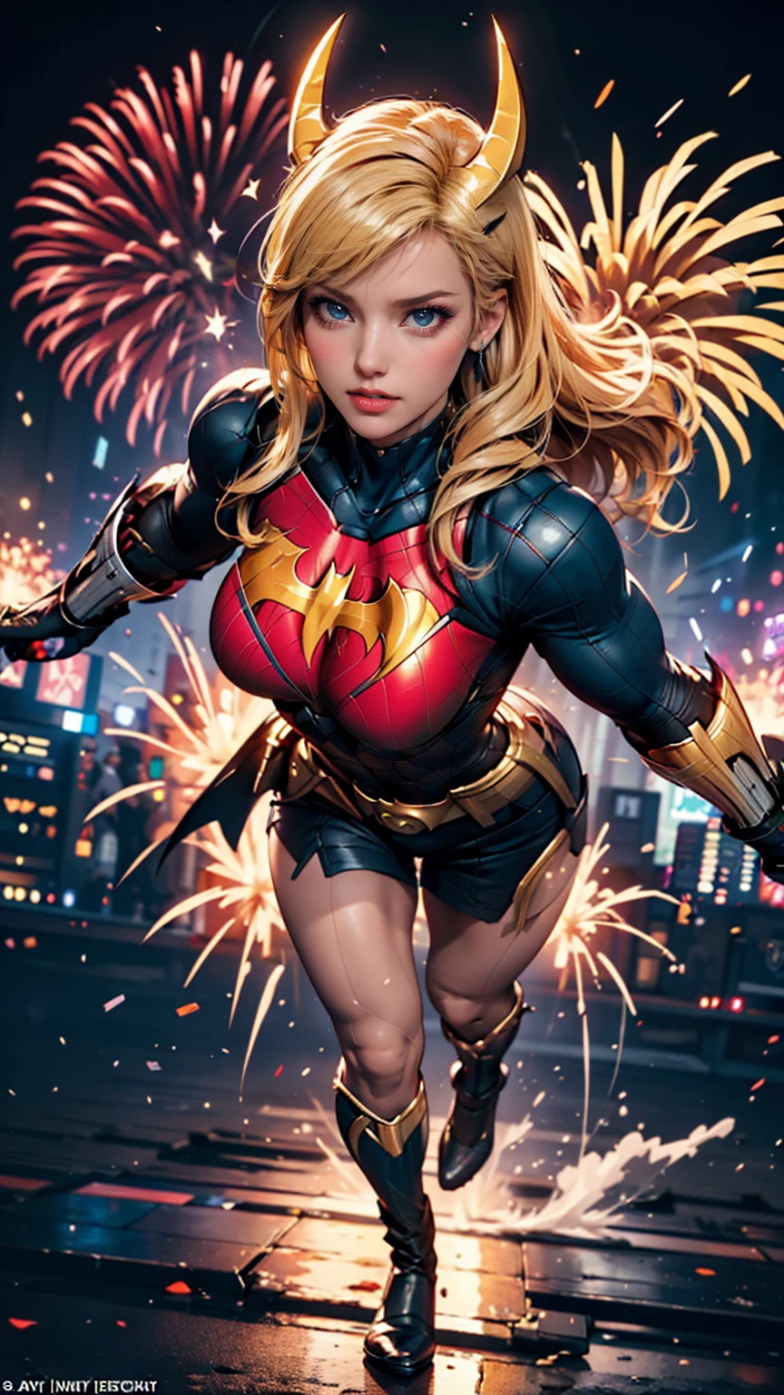 (drawing of Sydney Sweeney as Captain Marvel), vivid colors, detailed features, professional, superhero, realistic, dynamic pose, energetic, powerful, glowing eyes, flowing hair, powerful stance, vibrant costume, confident expression, strong jawline, muscular physique, city background, heroic atmosphere, topless