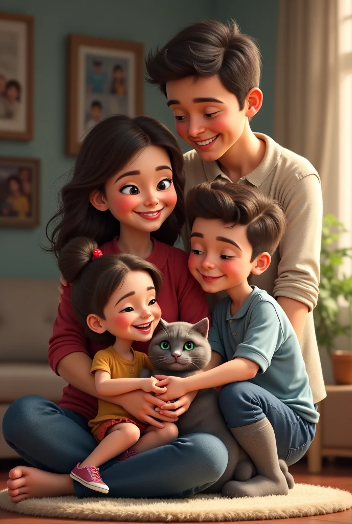 With a 3d Pixar Animation,A warm, cozy living room with a loving family gathered around a gray tabby cat. The little brother ane parents are smiling as the hugs the cat, who is starting to relax and feel safe
Add tw0 and boy with their parents