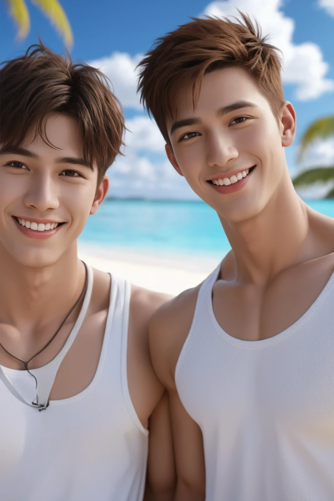 (2boys, photorealistic:1.4, ultra realistic, masterpiece:1.2, best quality, 4k), handsome young men age 18 along the shore at the beach, slender body, skinny, wearing on swim brief and sunglasses, playful poses, splashing waves, running along the shoreline, playful, beautiful summer day, vibrant colors, sun-kissed skin, energetic, bright smile, carefree, cute boyish face, detailed face, ultra realistic skin, shot on Nikon d850 50mm, dlsr, RAW, natural lighting, midday sun