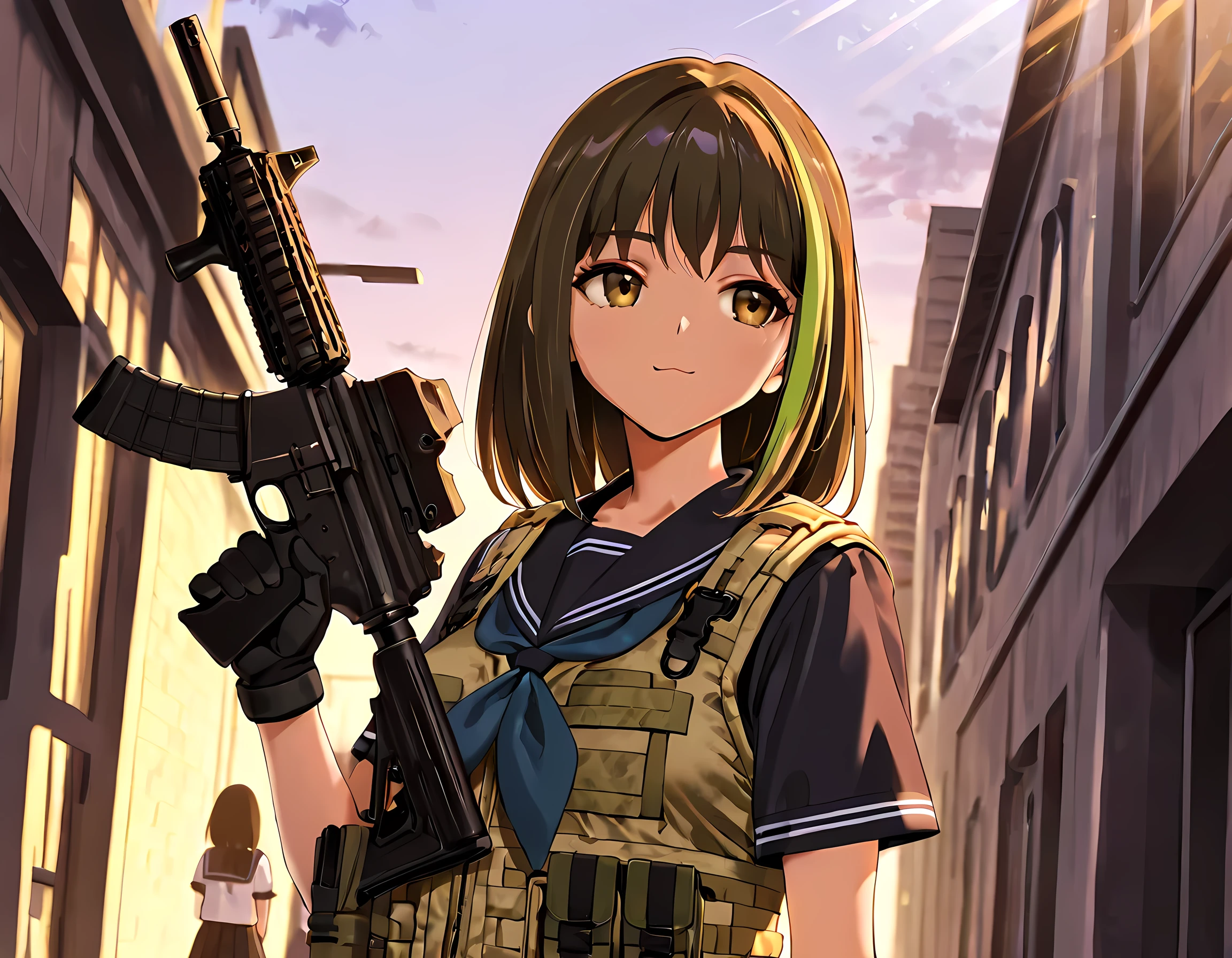 masterpiece, best quality, 8K, high detailed, vector illustration, (yd\(orange maru\):0.9), (reizei\(cyclone\):0.6), (ame\(uten cancel\):0.6), school uniform, JK, Cinematic Girls With Guns Style, multiple girls, (The city's main street:1.2), twilight, light rays, standing, upper body, canted angle, Holding the gun in the rest position, looking away, 180㎝, medium hair\(yellow green\), yellow green eyes, slant eyes, (detailed beautiful face and eyes;1.5) medium breasts, (slender:1.2), serious, (black sailor uniform:1.5), All the students except for the yellow-green haired high school girl were looking in different directions, (assault rifle m4a1 cqbr:1.4), (Khaki ballistic vest:1.5) Magazine pouch, black Military Gloves