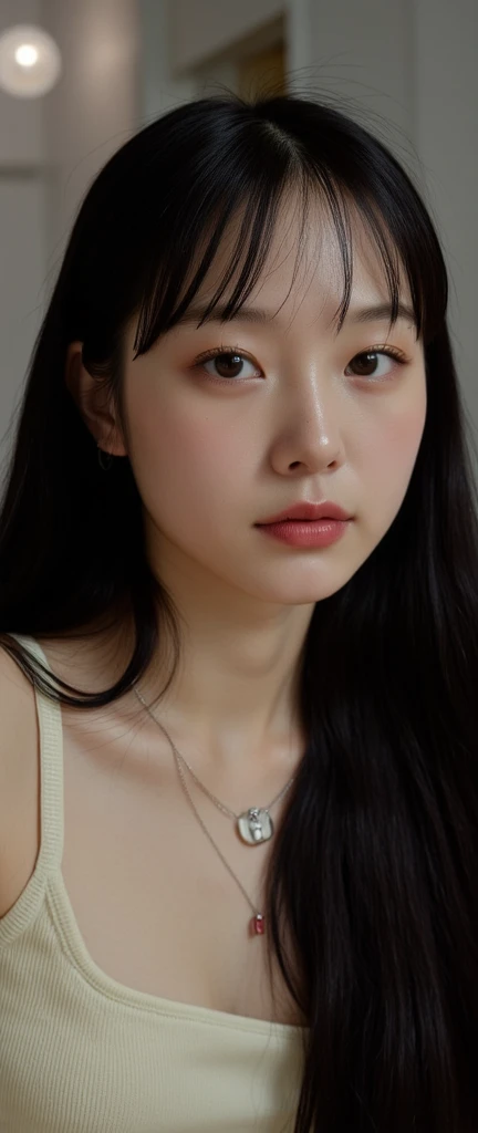 , 1 girl , Selfie, from side, foto tirada por uma Canon A490 (A495) , focus eyes,  Korean, smile1.0, dentes alinhado, thin , squashed eyes, big eyes,  fringe separated on the right side ,  youthful appearance , black hair  , details eyes, student ,  Iris , smiling,  smile, round face,  youthful appearance ,  sitting on the edge of the  ,  vintage aesthetic , cute face,  full lips,  long hair, volumoSo hair, luz media , luz Environment, agenda :night , reflexoS no Environment, Environment focado,  looking for , Environment:Room 
