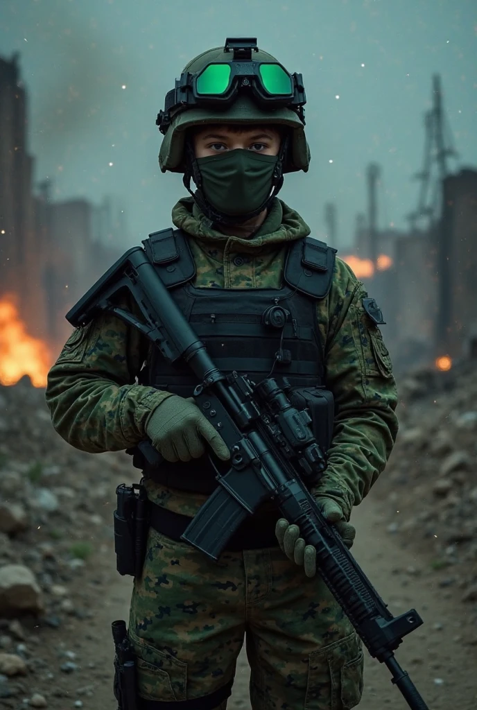 (best quality,4k,8k,highres,masterpiece:1.2),ultra-detailed,realistic,Latina female soldier,short hair,holding a machine gun,battlefield background,military uniform,tactical gear,dusty environment,intense facial expression,dirt and sweat on her face,tense moment,tactical advantage,gripping the gun tightly,strategically positioned,professional,strong and confident gaze,explosions in the distance,camouflage pattern,sharp focus,vivid colors,action-packed scene,emotional depth,determination and courage,hardened warrior,thick smoke,chaotic atmosphere,sense of danger,combat experience,combat boots,protective helmet,dramatic lighting,heroic pose,steely resolve