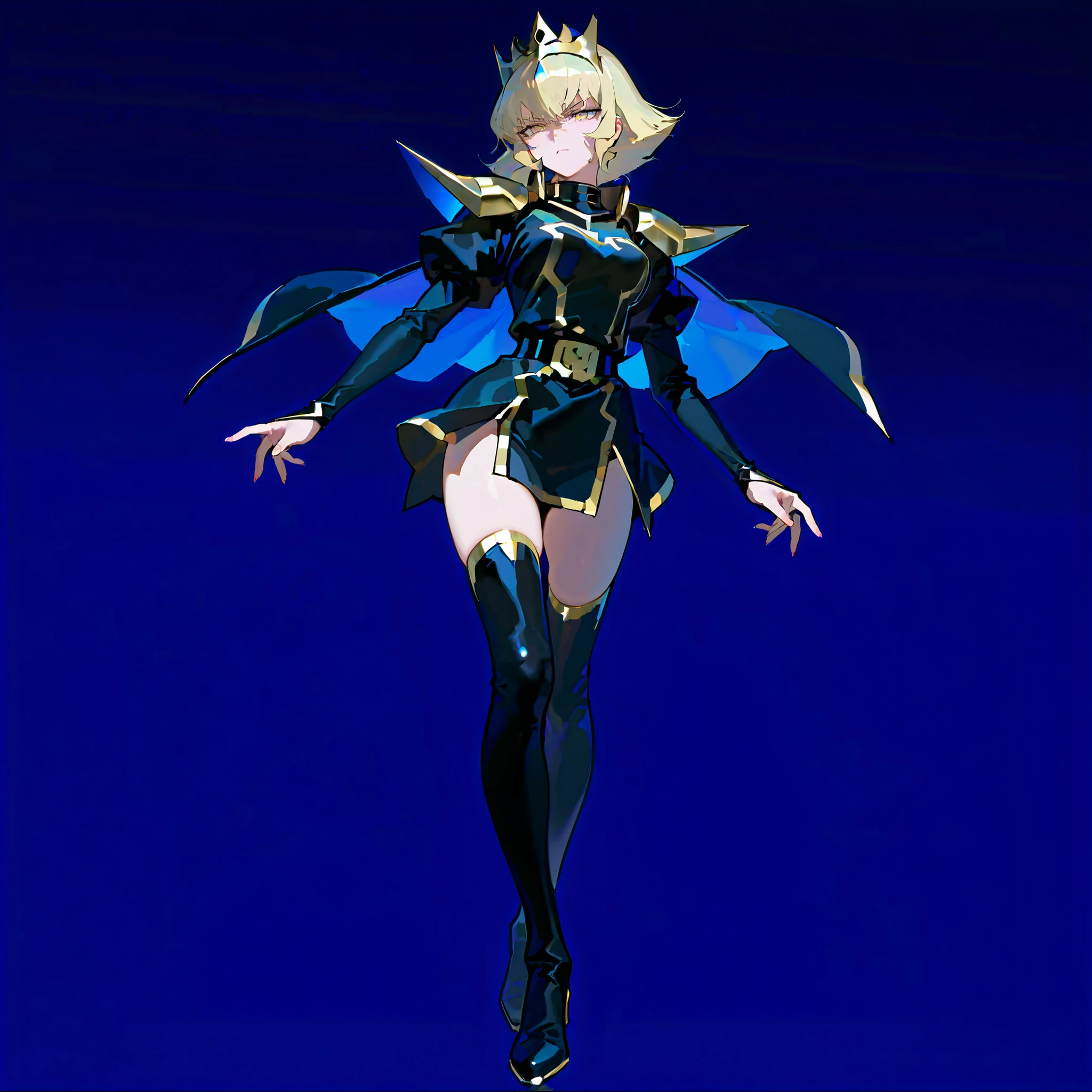 (((masterpiece))), (((Best Quality))), ((Ultra-detailed)), (High Definition anime Illustration), ((extremely delicate and beautiful)),((1 sci-fi lady)),solo, Full body, platina -blond hair, gold eyes,(crown),((shoulder pauldron)),(noble emblemed black costume with gold trim)),angry,(bridal gauntlet),(long boots)((capelet))((Juliet sleeves))(Character Focus), highly detailed, science-fantasy queen, highest details, Digital Painting, 8K High Resolution, trend art station, Whole body, (((white background)))