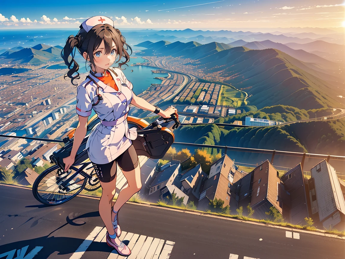 1girl,The best composition、Highest quality、Masterpiece、Twin tails、Landscape、skip、強風にあおられた小学生のが前に進めずTwin tailsがオールバックになっている、Red dress、Shiori high socks、Brown Loafers、Red School Bag、Primary yellow background、