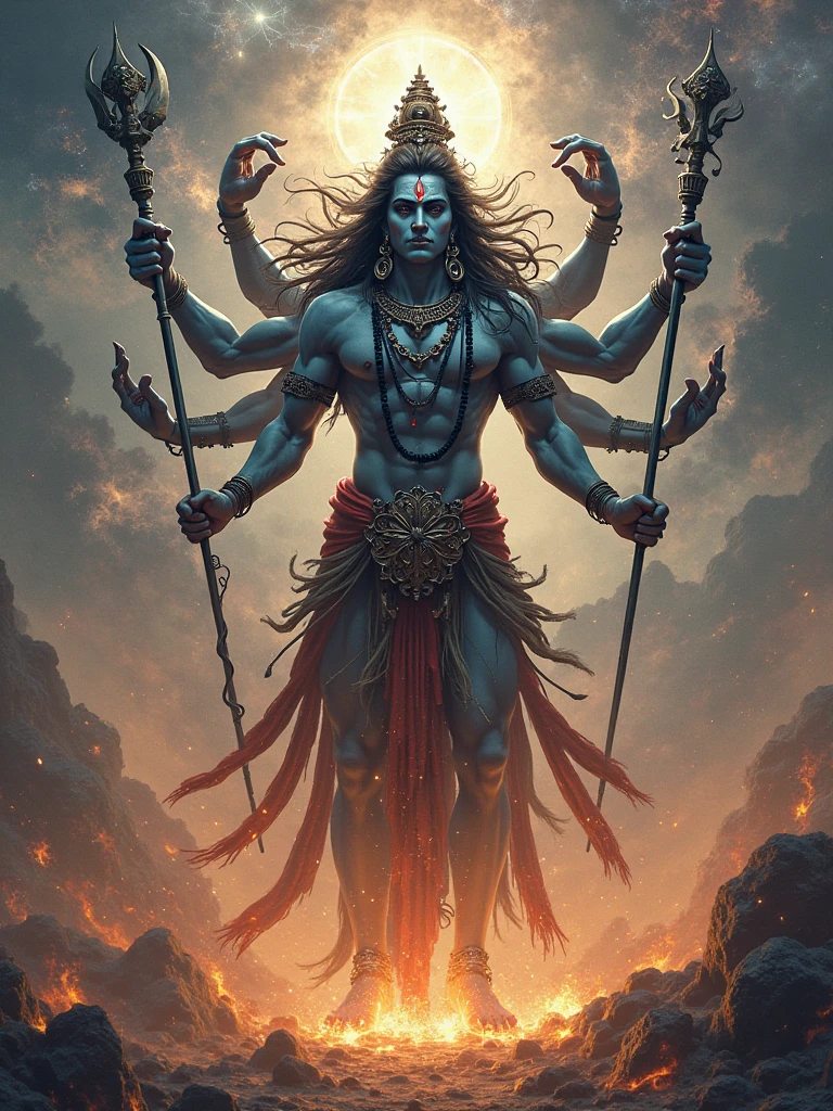 Perfect and detailed goddess kali muscular and dangerous scary, many arms and weapons standing with husband lord shiva