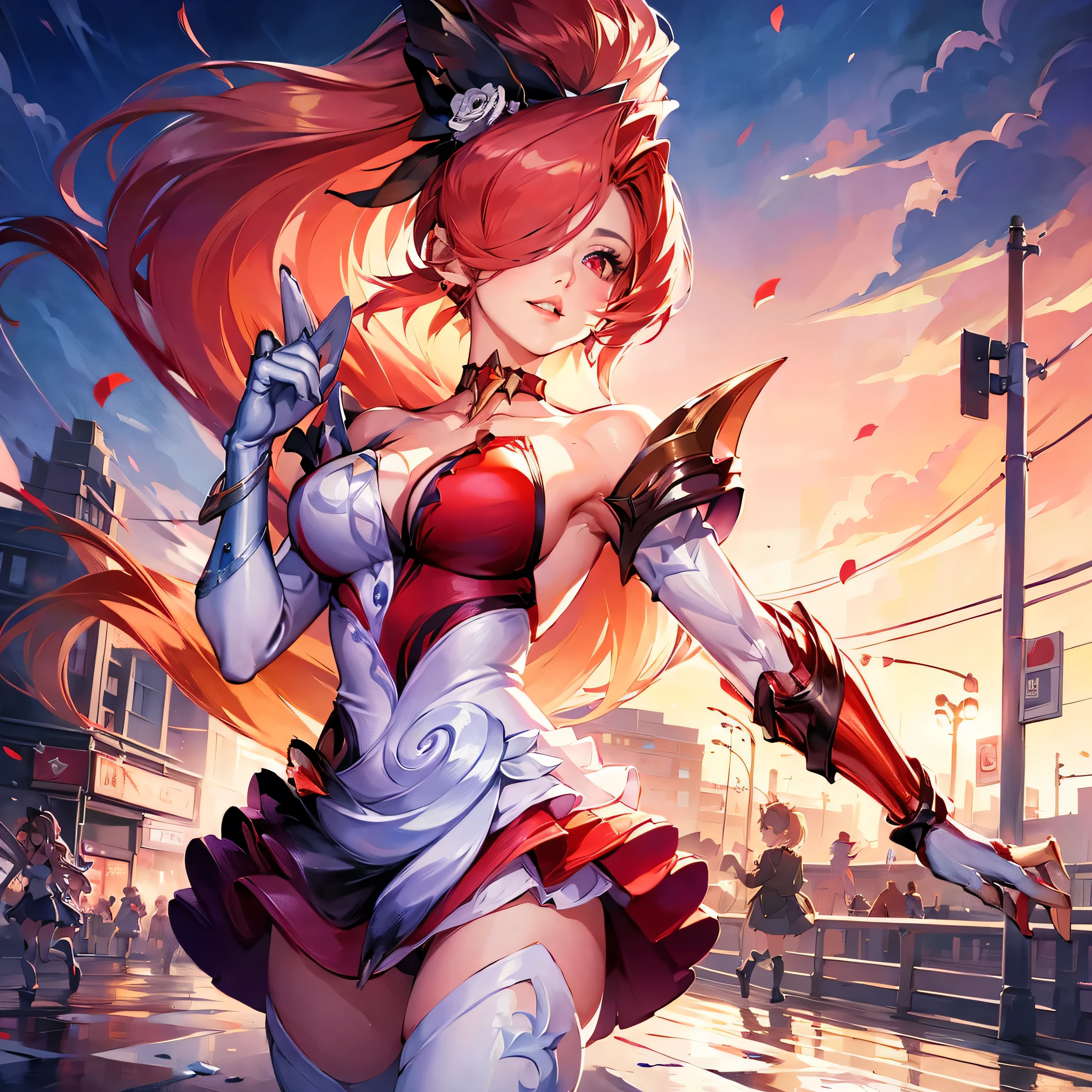 Mina_Bloodthirsty, 1girl, long hair, ponytail, hair ornament, hair flower, hair over one eye, red hair, blonde hair, earrings, red eyes, nose, red lips, parted lips, choker, red choker, bare shoulders, breasts, large breasts, strapless, strapless dress, dress, red dress, gloves, elbow gloves, skirt, legs, thighhighs, white thighhighs, thigh boots, boots, high heels, flower
, upper body
, outdoors, sky, day, cloud, blue sky, building, scenery, sign, road, lamppost, street, road sign, traffic light, crosswalk, best quality, ultra high res, (photorealistic:1.4), masterpiece, real life skin, hyper real