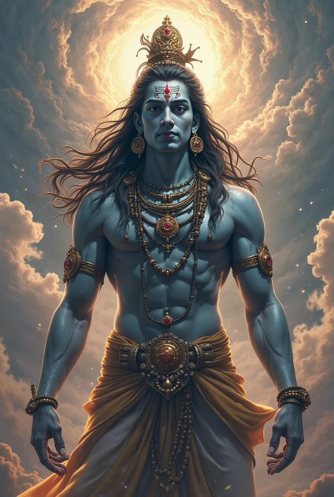 Shiva full body , body colour black, and aye blue , and full body gold jewellery and engry face