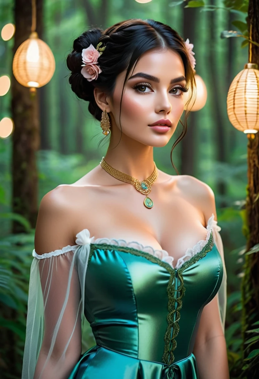 masterpiece, best quality, highly detailed, 1girl, solo, twintails, off-shoulder sweater, choker, jacket, hairband, looking at viewer, smile, blush, Wide Smile, Eyes Detailed & Wide, sexy Pose. Ultra HD, Rococo-Inspired Fantasy Art With Intricate Details. Cute, Charming Expression, Alluring-Gaze, looking at viewer Beautiful Eyes, An-Ideal-Figure. Large Youthful Well-Shaped-Breasts, Massive-Round-Bosom, Décolletage. slim waist, fit body, full lipsWarm lights , woman in a dreamy forest at night, with fluffy hair, delicate face, realistic, real, slim, large aperture, sexy shots, attractive poses,Stunnin gly beautiful merge of Ariel Winter, Kim Kardashian. symmetrical face, photorealistic, photography, path tracing, specular lighting, volumetric face light, path traced hairmaximum quality{(masutepiece) (8K High Resolution) (top-quality) In the style of breath of the wild.