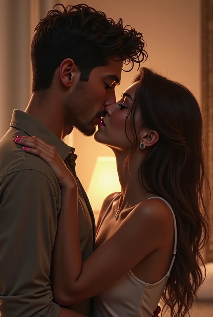 A brunette girl with curly put her feet on face of a man