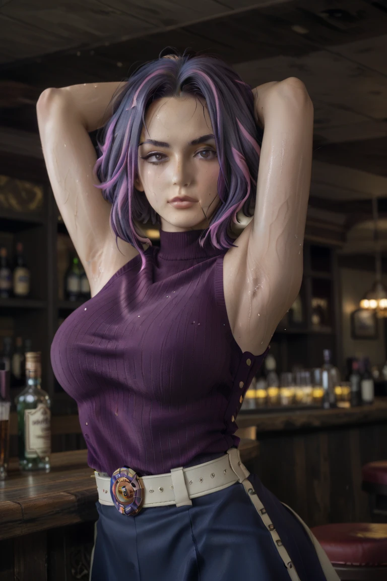 very detailed, high resolution, 8k resolution, white and purple colors, shiny skin, shiny purple curly hair, shiny glowing purple eyes, hourglass body, big chest, big hips, low-cut strapless, high-slit skirt, dark skin, white and purple clothes and accessories, waitress