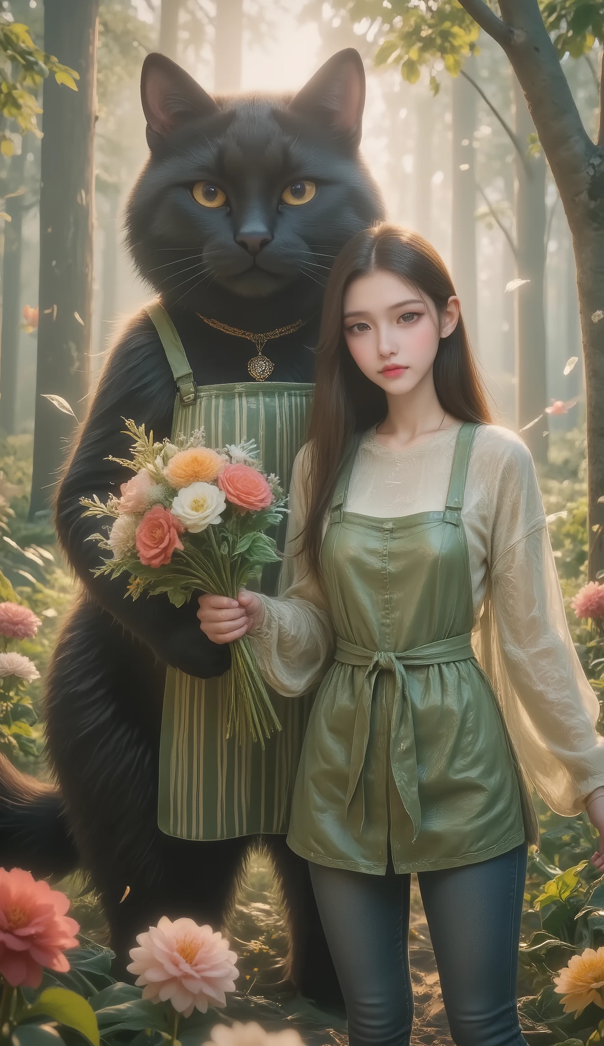 hyperrealistic, realistic photo, Drama scene , milk, Global Illumination, 1 girl\( 20-year-old Japanese beauty , pretty and cute face , Wear spring clothes, skinny jeans , 穿着横向宽条纹浅绿色帽衫的柔和色尼龙夹克, Long Brown Hair , Smile, Slightly open mouth\), 1 giant black cat \( giant black cat , wearing a green apron with vertical stripes, Slightly taller than a girl , squat\), the girl and giant black cat are standing in the flower park and holding a gorgeously decorated large flower bouquet, 他们正在公园里度假, 她们被许多盛开的花朵所环绕 , 被梦幻般的氛围包围, 公园充满活力,鲜花盛开的鲜艳色彩和微风中树叶的柔和沙沙声 , sunlight filters through the canopy of trees casting dappled milks on the ground, Birds chirp happily,为宁静的环境增添的配乐, 温和的微风带来花朵的甜香,增添了田园般的氛围, 宁静的公园被金色的光芒笼罩,营造出一幅宜人而祥和的景象