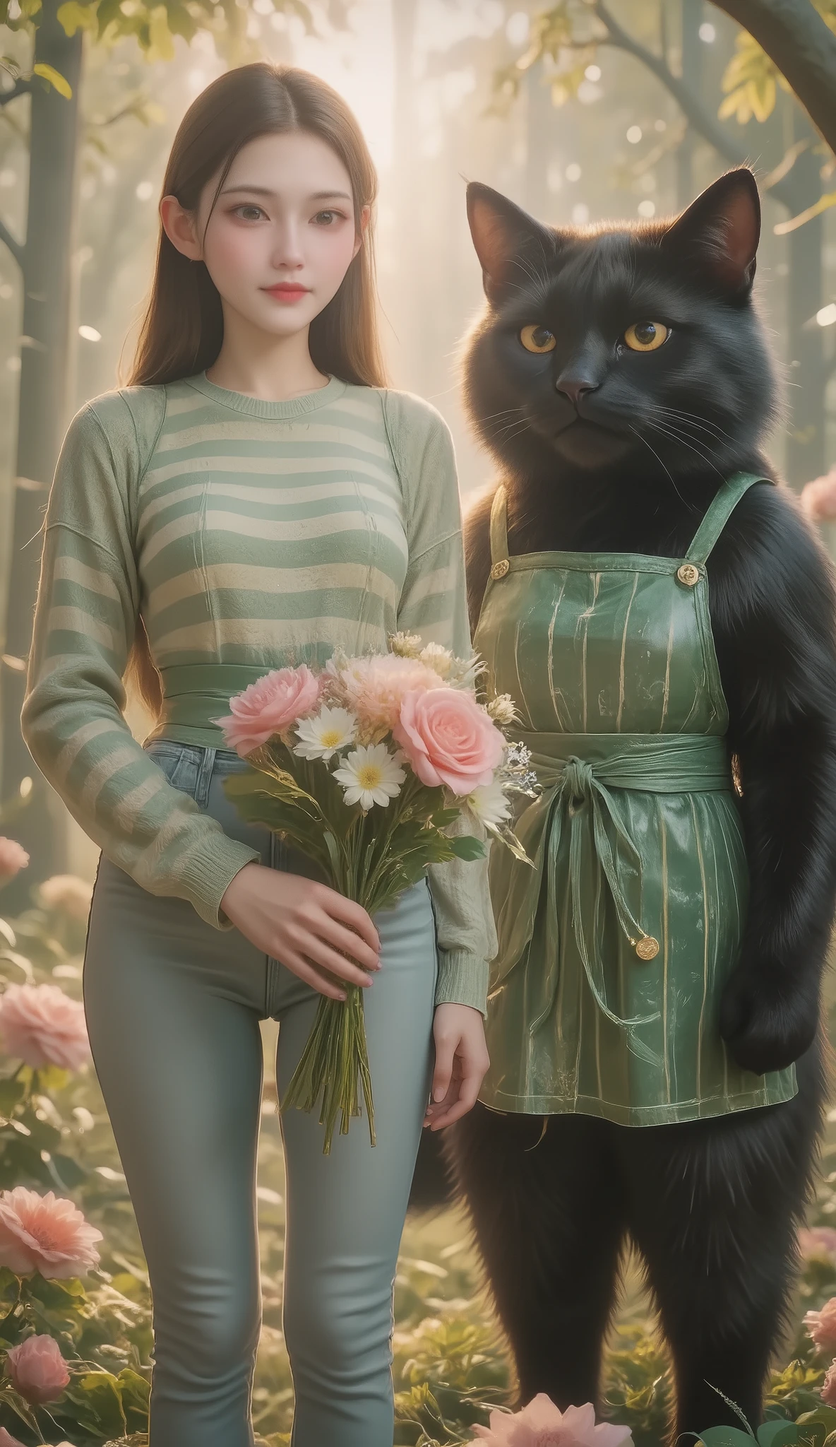 hyperrealistic, realistic photo, Drama scene , milk, Global Illumination, 1 girl\( 20-year-old Japanese beauty , pretty and cute face , Wear spring clothes, skinny jeans , 穿着横向宽条纹浅绿色帽衫的柔和色尼龙夹克, Long Brown Hair , Smile, Slightly open mouth\), 1 giant black cat \( giant black cat , wearing a green apron with vertical stripes, Slightly taller than a girl , squat\), the girl and giant black cat are standing in the flower park and holding a gorgeously decorated large flower bouquet, 他们正在公园里度假, 她们被许多盛开的花朵所环绕 , 被梦幻般的氛围包围, 公园充满活力,鲜花盛开的鲜艳色彩和微风中树叶的柔和沙沙声 , sunlight filters through the canopy of trees casting dappled milks on the ground, Birds chirp happily,为宁静的环境增添的配乐, 温和的微风带来花朵的甜香,增添了田园般的氛围, 宁静的公园被金色的光芒笼罩,营造出一幅宜人而祥和的景象