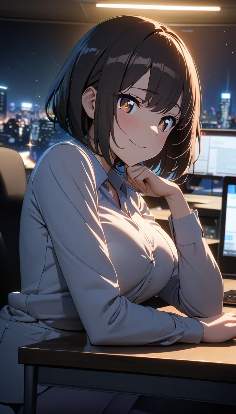 ((Highest quality, 8k, masterpiece :1.3)), whole body, Sharp focus :1.2, Beautiful woman with perfect figure :1.4, Slim Abs :1.2, ((Dark brown hair,  :1.2)), Body Dress :1.1, (Night city view, Modern balcony :1.1), Highly detailed face and skin texture, Detailed eyes, double eyelid, Small breasts, OL Uniform, office Wear, White T-shirt, Exposed cleavage, (Black Pantyhose), (No pants), Indoor scene, office