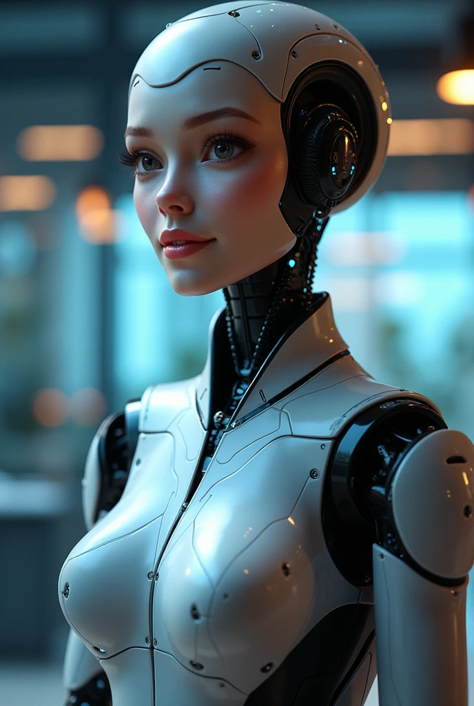 A female robot sits at a table in a street cafe, Best quality, high quality, absurdity, happiness, masterpiece, Beautiful, complex parts, 1/2 body trimmings, slender body, Beautiful figure, Magnificent Anatomy, (complex parts:1.12), HDR, (complex parts, hyperdetailing:1.15), (natural skin textures, hyperrealistic, soft light, spicy:1.2)