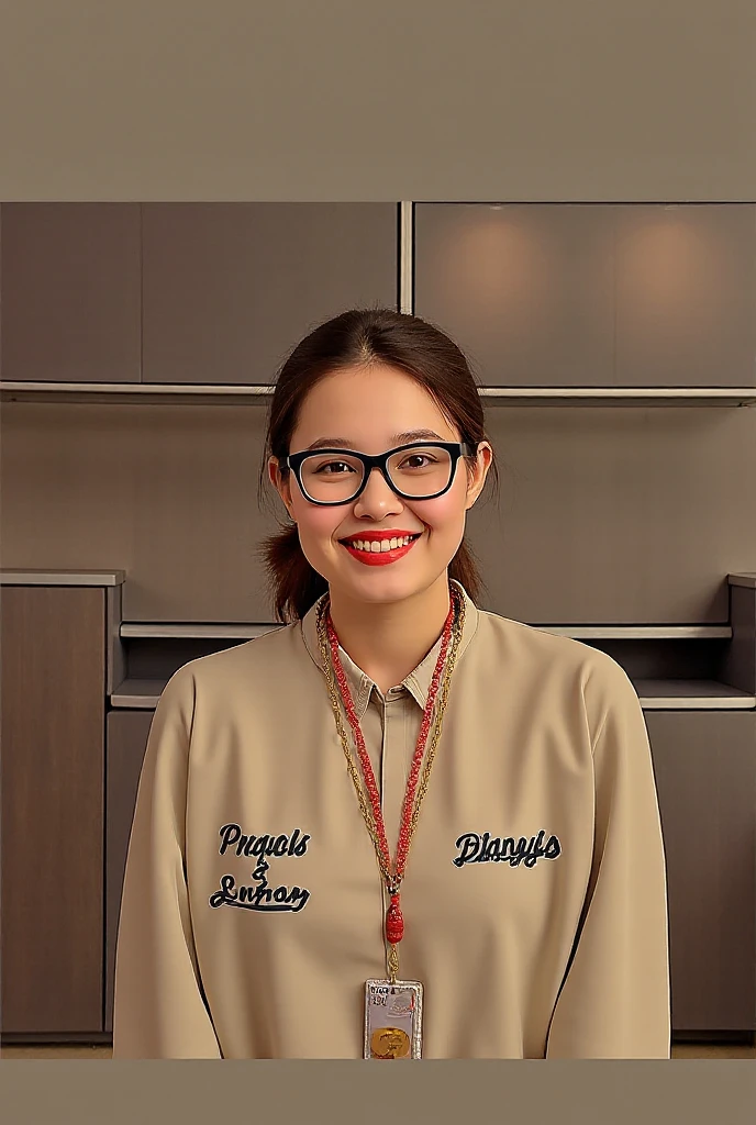 Smiling woman wearing glasses and with curly hair tied