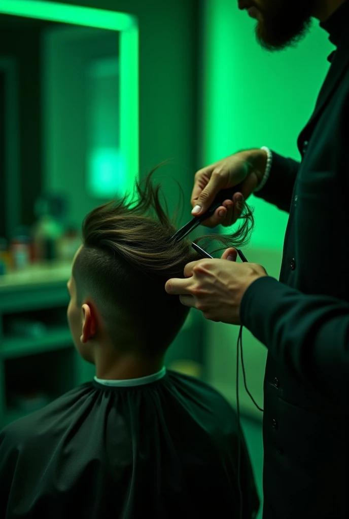 Create an image by cutting men's hair. With the fluorescent green LEDs . without showing the face
