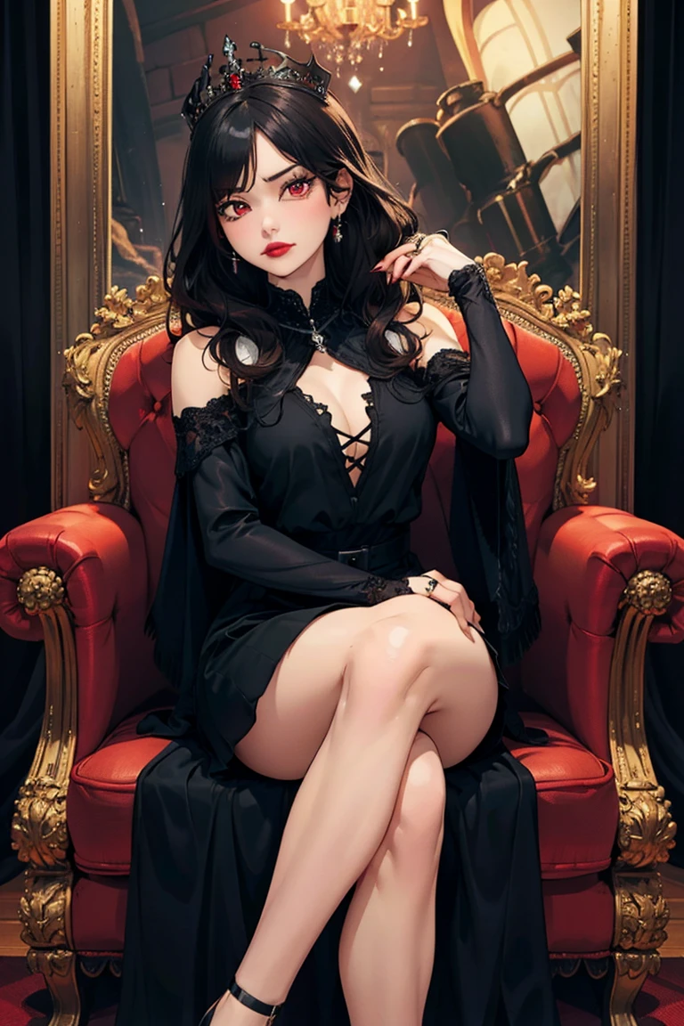 Realistic close-up photo, Woman in a black dress, sitting in the red armchair , nice legs, crossed legs, pose sexy, hotel room, beautiful woman, perfect body, medium breasts, Smooth brown fur, detailed face, smile, photo taken from a distance, 25 years old