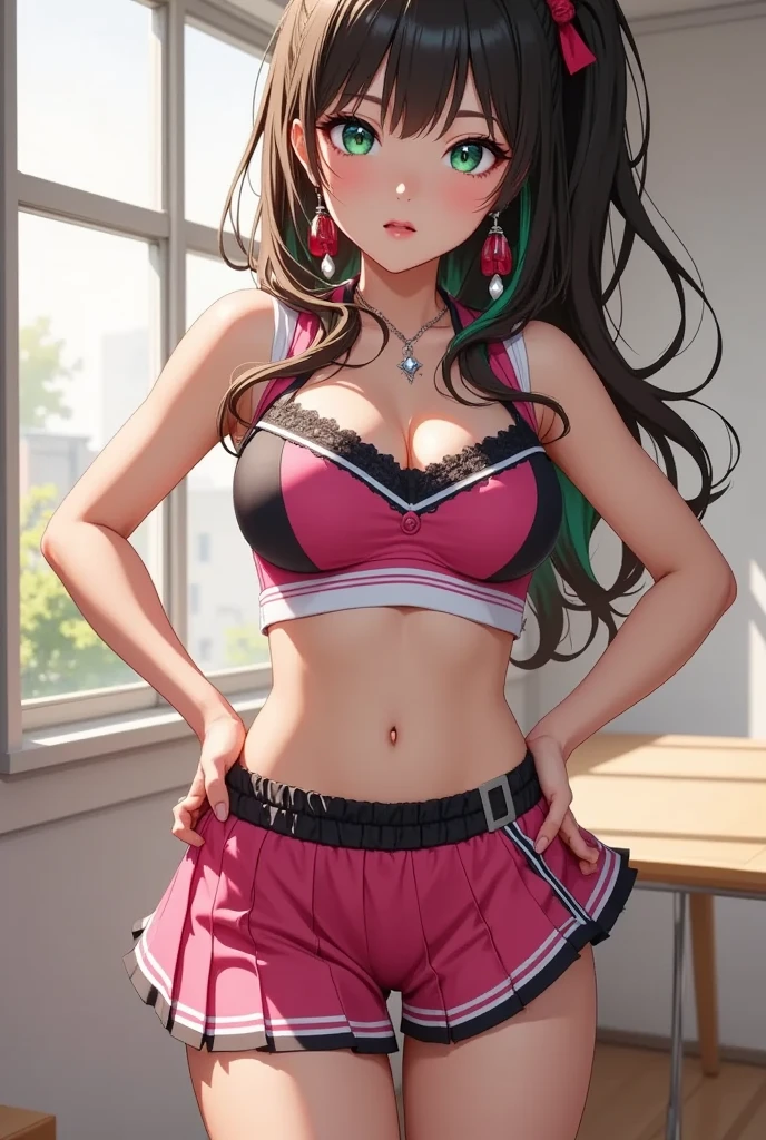 Cute trans girl, green eyes, wavy dark brown hair, fair skin, smiling, C+ cup breasts, bit wide hips, wearing a pink polo top and a pastel light color pleated skirt, small crotch bulge.