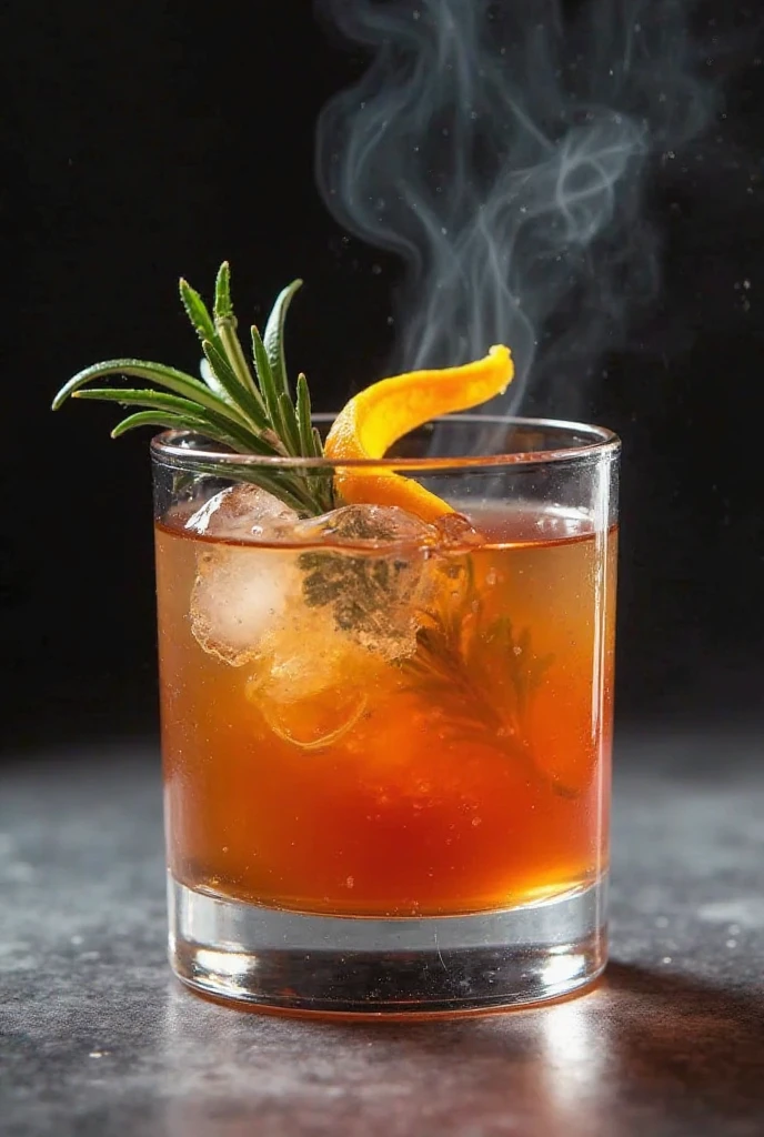 A clean and professional photo of a cocktail named 'Smoke on the Water'. The drink is served in a short, square glass with a dark amber color and a slight smoky effect above the glass. The drink is clear but has a rich, deep hue, reflecting a smoky, aromatic essence. It is garnished with a twist of orange peel resting on the rim and a sprig of rosemary for an elegant touch. The background is minimalistic with a soft, blurred effect, highlighting the drink’s sophisticated, high-end bar presentation.