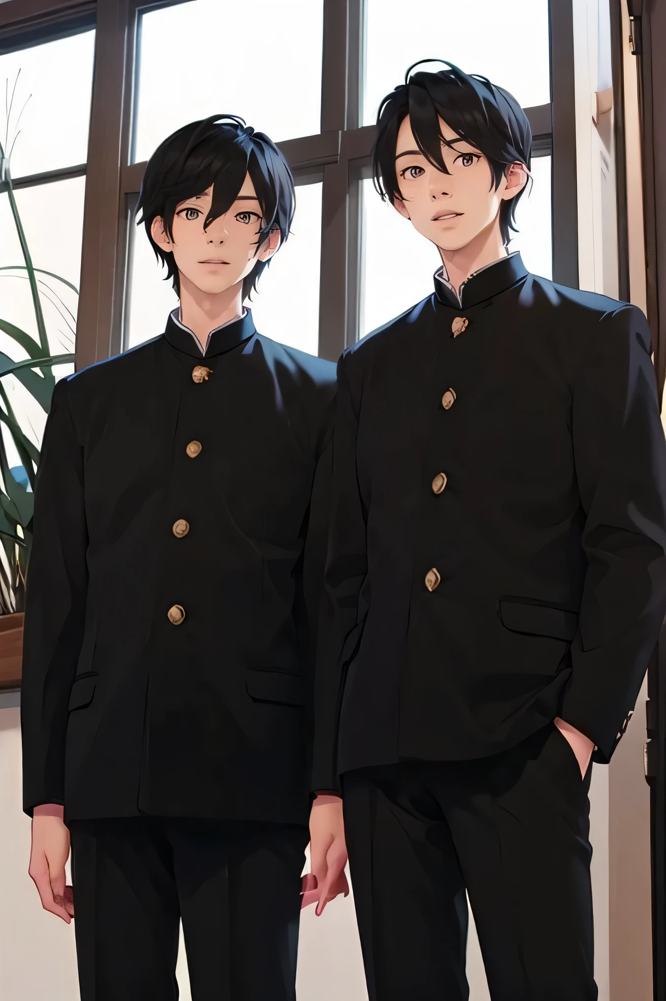 I myself are two men handsome short dark hair short cropped smile Two people wearing black school runs black pants In a bright classroom Snow Outside the Window boys love cartoon has 5 gold buttons wearing a sweater