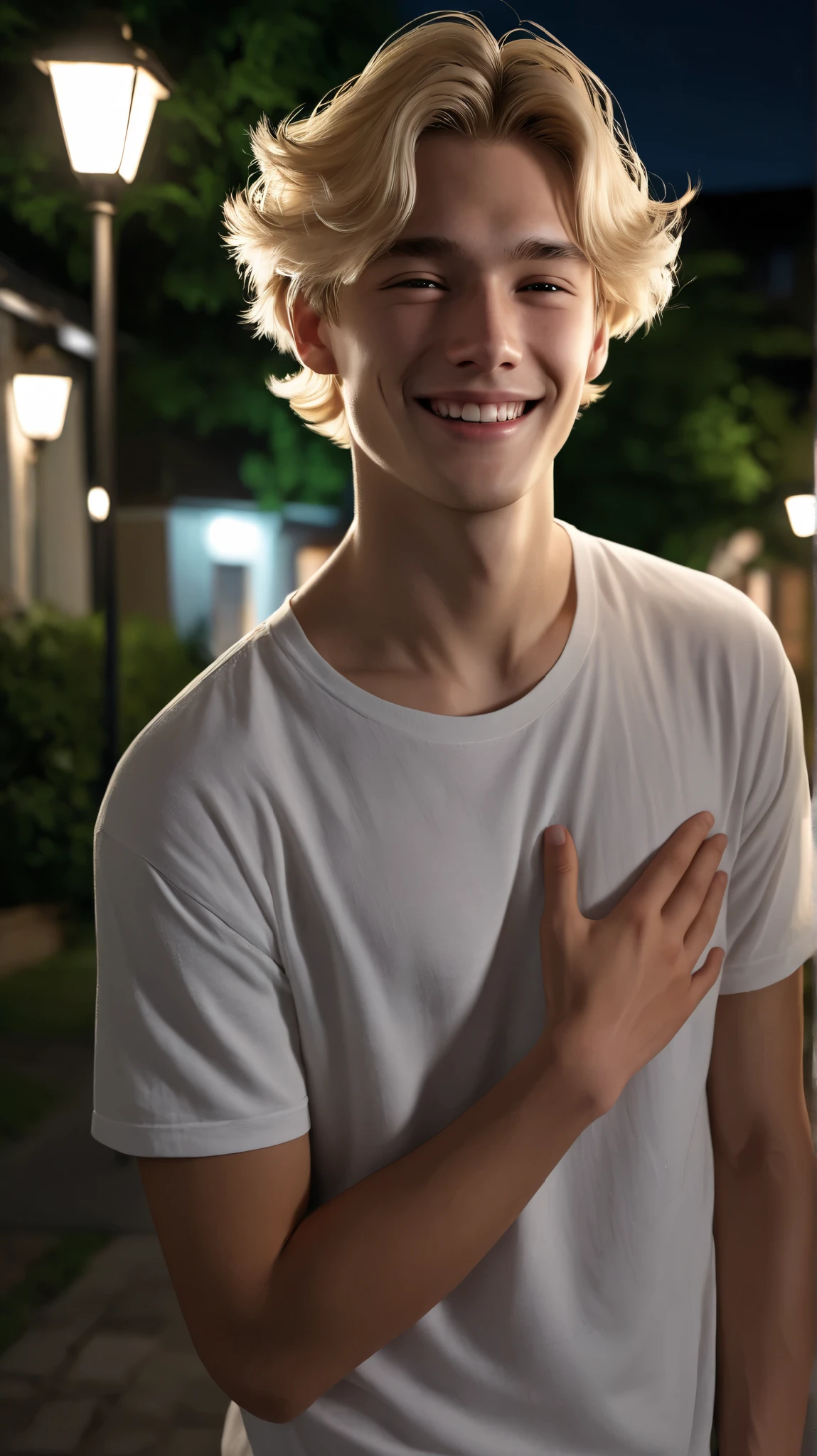 High quality, detailed, photorealistic image of a young blonde male, 20 years old, standing in a quiet residential area at night. He has long short hair and a beautiful face, like a half-Japanese. He has his hands folded on his chest and smiles gently at us, squinting his eyes. His wavy blonde hair is blowing in the wind and he is wearing a loose white T-shirt. The scene is lit with soft, cinematic lighting, realistic shadows, and a dreamy atmosphere. In the background are houses, street lamps, and trees, creating a peaceful, nostalgic night view. Ultra-realistic skin texture, high resolution, shot with a professional camera.