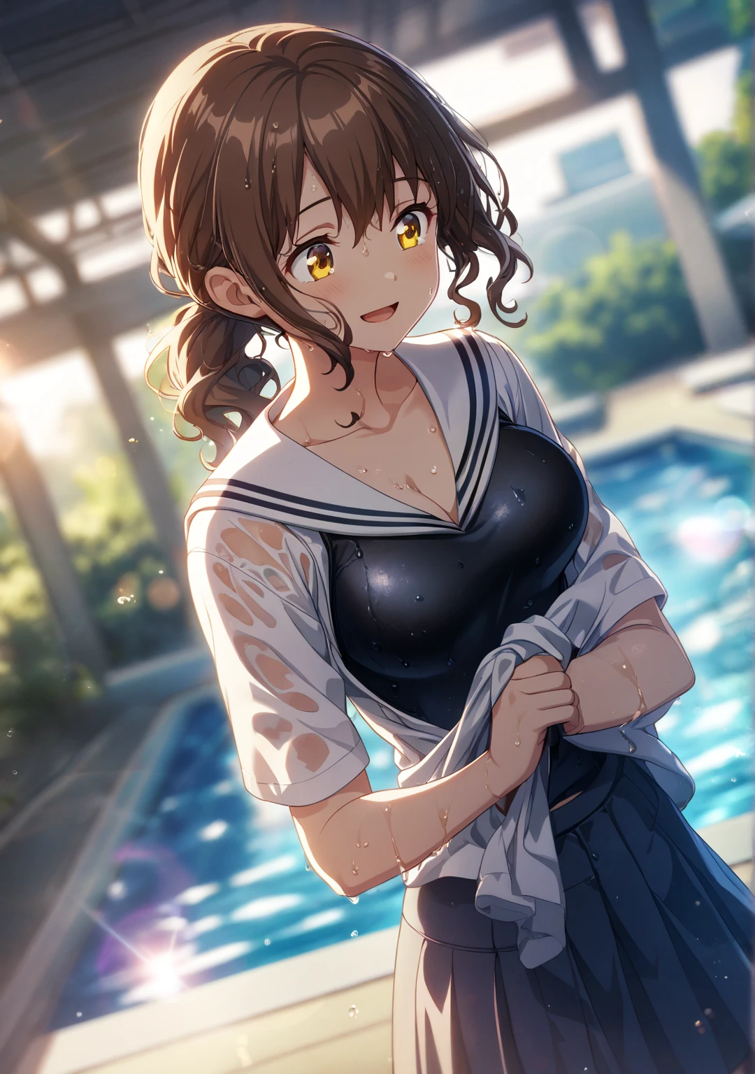 Ample breasts、Sitting on the school steps,(((A clean white sailor that clings to the chest:1.7))),(((A woman wearing a clean sailor suit:1.7 ))), Shiny light brown and orange striped short hair,Cute Smile,Perfect round face,A bright smile that makes everyone happy,Proper body balance,Tabletop,Ultra-high quality output images,High resolution,Intricate details,Very delicate and beautiful hair,Realistic photos,dream-like,Professional Lighting,Realistic Shadows,Focus Only,Beautiful Hands,Beautiful fingers,Detailed functions of the fingers,Detailed characteristics of the garment,Detailed characteristics of hair,Detailed facial features,(((Accentuate your breasts:1.3))),(Dynamic Angle),(Dynamic and sexy pose),Laughter、Cute round face,,(Tabletop,highest quality,Ultra-high resolution output image,) ,(8K quality,),(Sea Art 2.0 mode:1.3),(Picture Mode Ultra HD,)