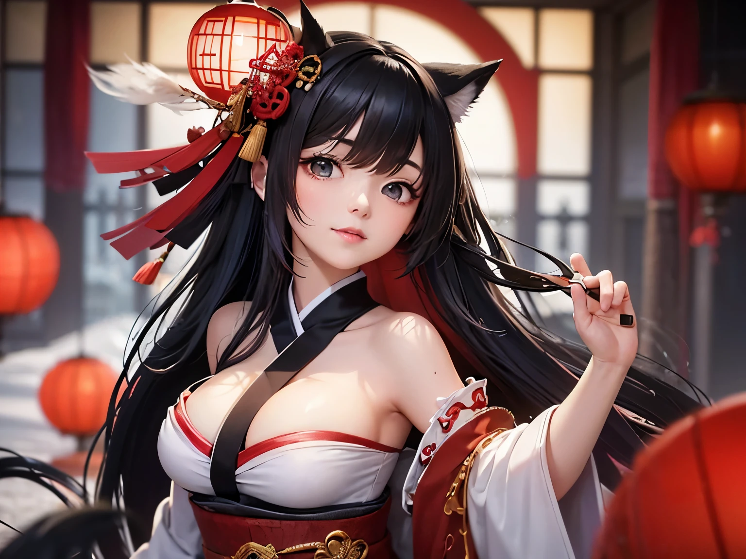 、Pencil drawing、sketch、a typical Japanese red circle in the middle on a white background、A classic Japanese model、Japanese in a typical Japanese kimono、wearing a fox mask with bloodstains on a kimono、Holding a sword、from the front、Open cleavage、Open kimono、beautiful、Long Hair、Hand-drawn with colored pencils、部分的に色を付けたsketchのようなもの、Based on black and white、An imposing design with subtle accents of red.
