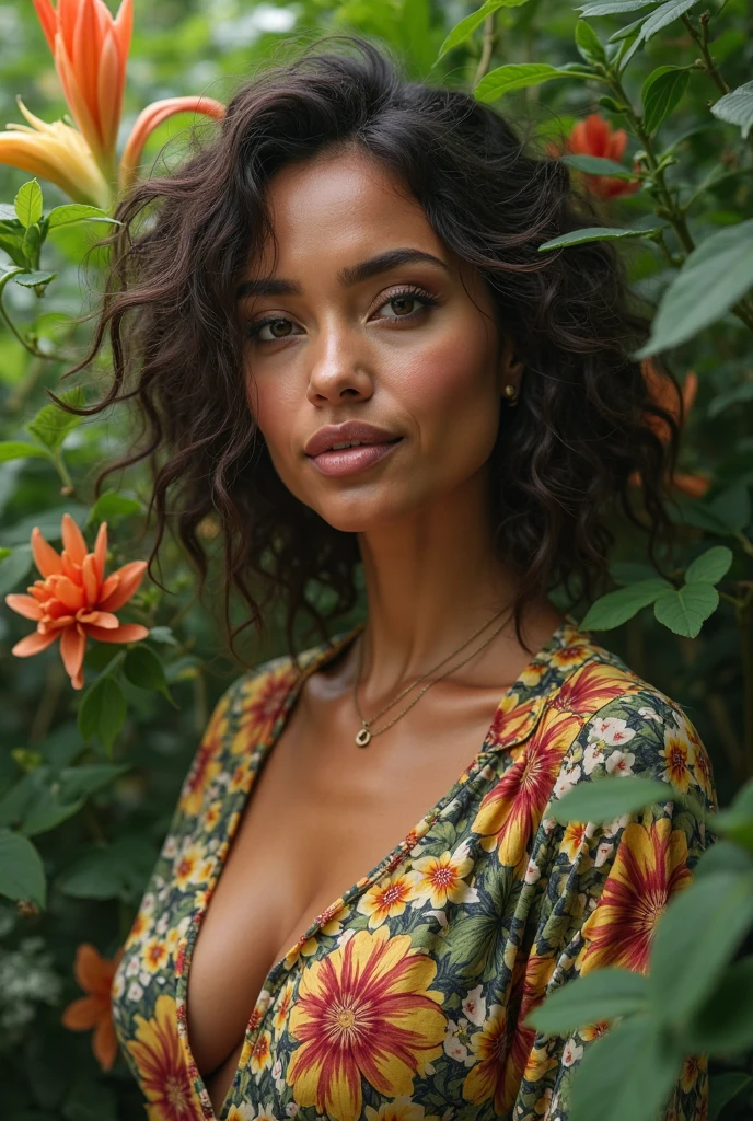 A Brazilian woman in a lush tropical garden, wearing an open shirt with a floral print, with a close-up capturing the harmonious beauty between her breasts and the natural flowers, showing off your natural charm and outgoing personality.