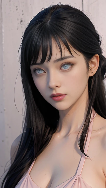 Hinata from naruto, realistic, age 25, pure white skin, white eyes, black long bangs, hair, perfect face, perfect shape body, large breasts, purple clothes covered upper body, 3d, posing to viewer. 