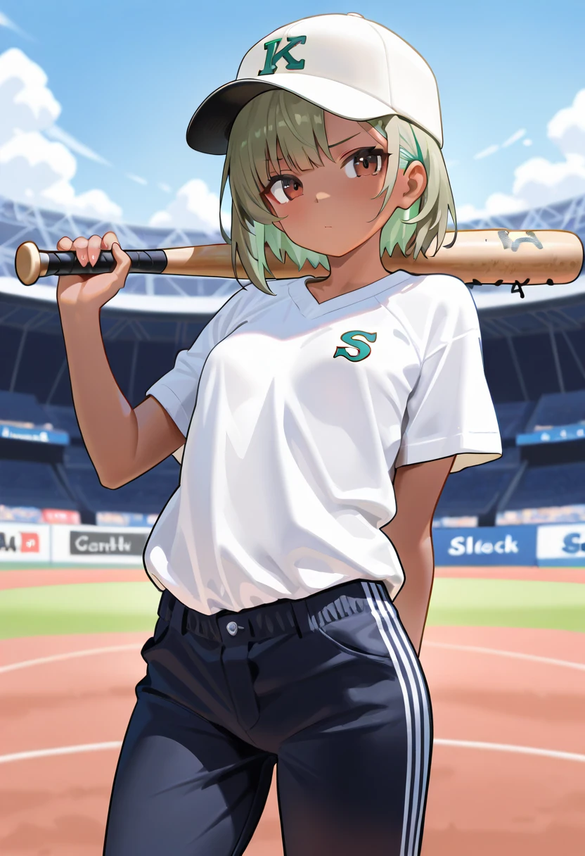 1girl,Baseball club manager,Naked with a baseball cap,Sneakers naked,,Teenage,Ground,Highest quality,smile,ponytail,Sweaty,NSFW