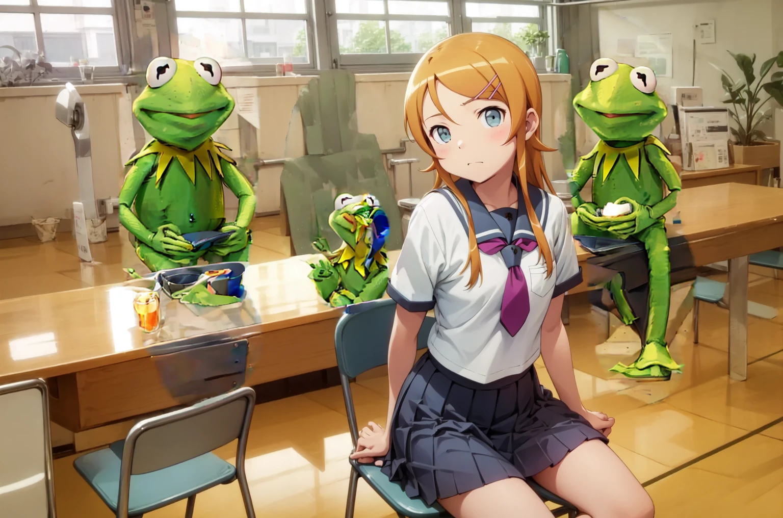 (1alraunegirl ,20s,mature female,adult),happy,white shirt,short sleeves,black standard tie,black school skirt,green hair,long hair,(classroom),full body,frog girl,all four,